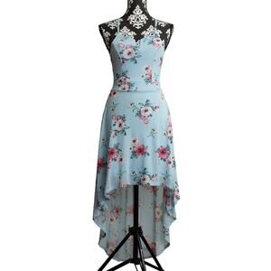 Women's Preppy Blue Stretchy Hi-Low Floral Spring Dress With Lace Back - S